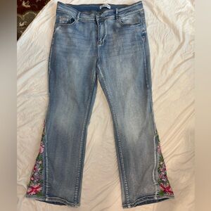 Floral Embroidered Flared Blue Jeans